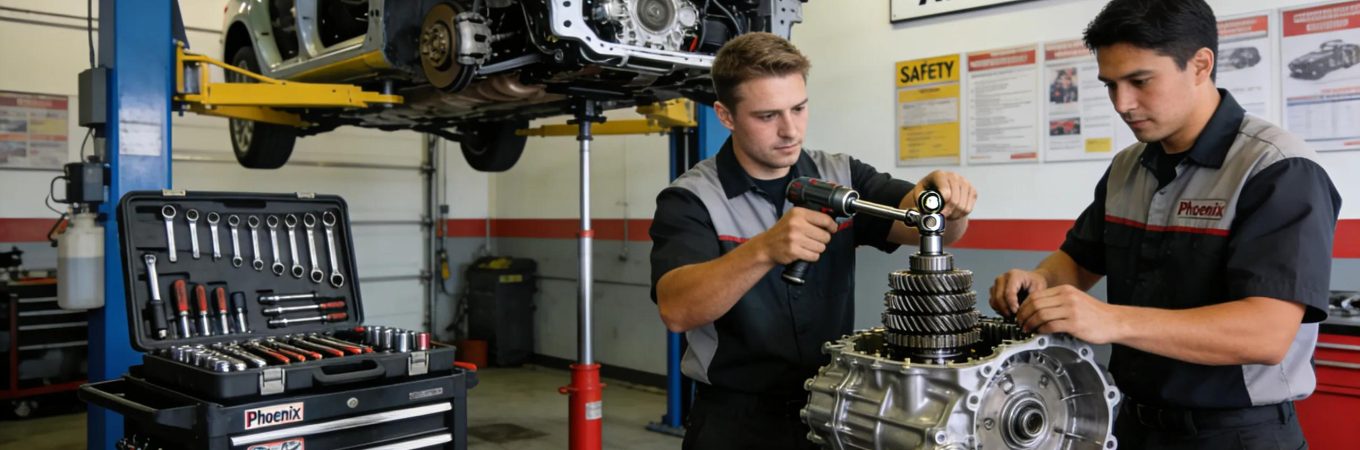 Transmission repair technicians in a Phoenix auto shop demonstrating professional service with vehicle components