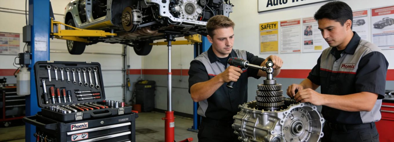 Transmission repair technicians in a Phoenix auto shop demonstrating professional service with vehicle components