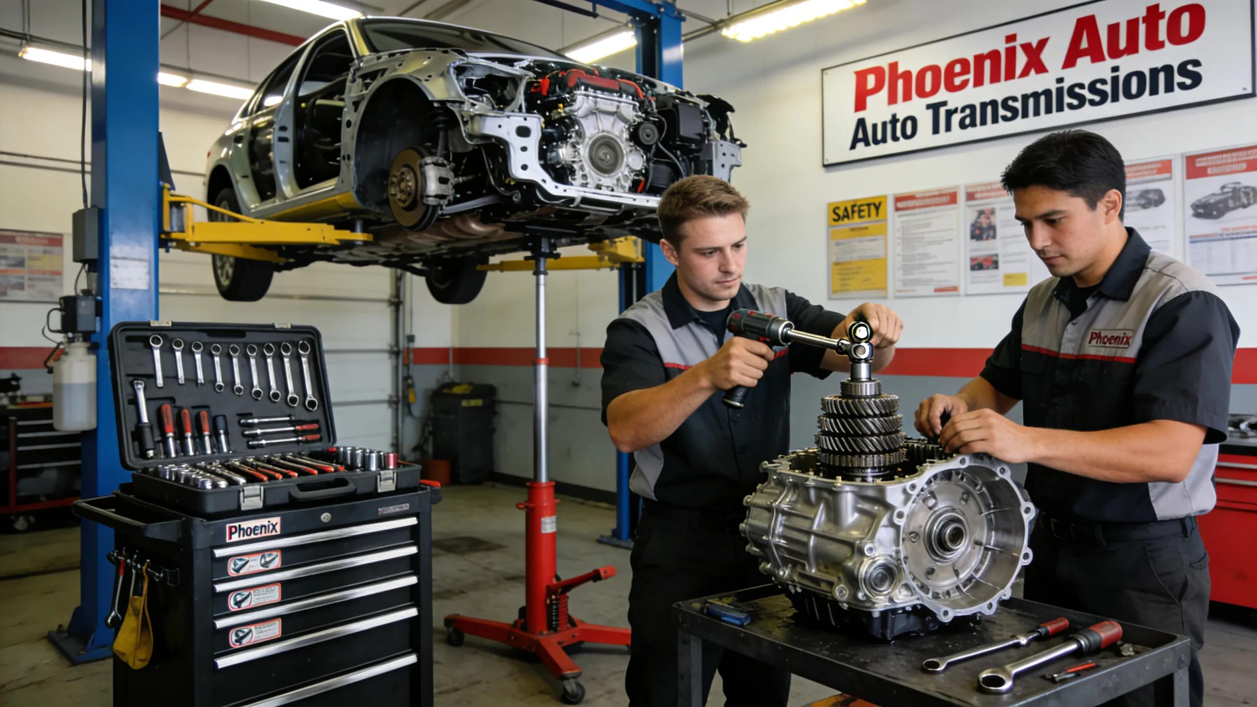 Transmission repair technicians in a Phoenix auto shop demonstrating professional service with vehicle components