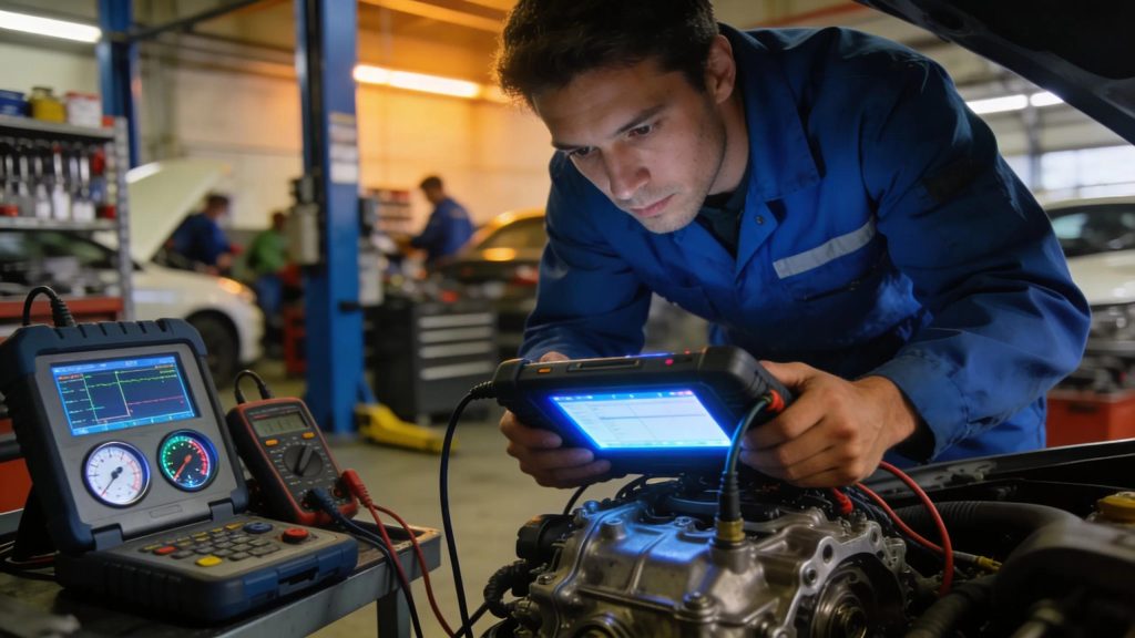 Technician using diagnostic tools to assess transmission issues in a vehicle, emphasizing professional service