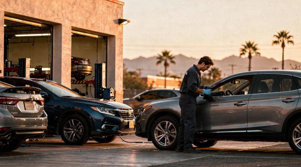 Mechanic inspecting car at Floorjack Auto Repair in Phoenix, Arizona.