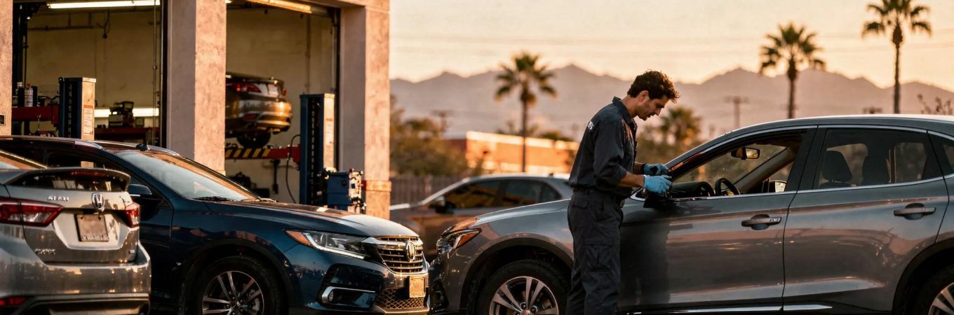 Mechanic inspecting car in Phoenix auto repair shop, Floorjack Auto Repair service.
